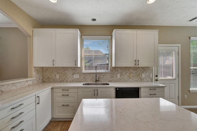 7818 Desert Canyon Ct, Houston, TX 77041 - kitchen with dishwasher, a sink, decorative backsplash, light stone countertops, and recessed lighting