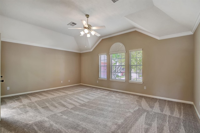 7818 Desert Canyon Ct, Houston, TX 77041 - spare room featuring ceiling fan, carpet floors, lofted ceiling, baseboards, and ornamental molding