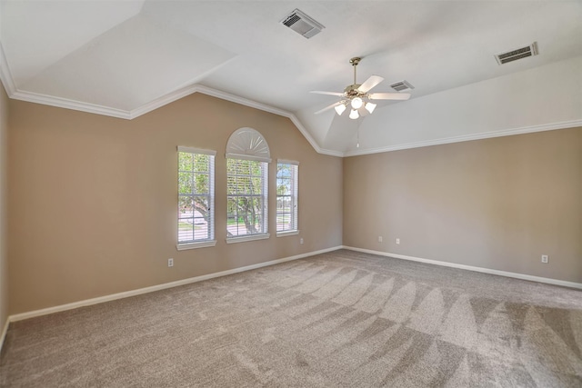7818 Desert Canyon Ct, Houston, TX 77041 - spare room featuring ceiling fan, carpet, baseboards, lofted ceiling, and ornamental molding