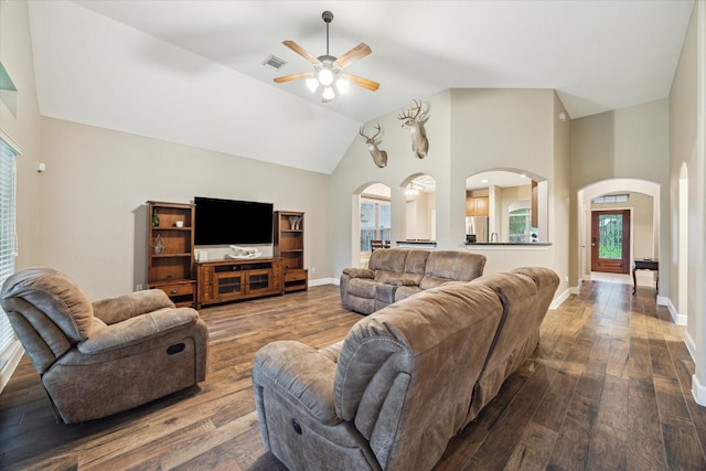18411 S Raven Shore Dr, Cypress, TX 77433 - living room featuring arched walkways, a ceiling fan, wood-type flooring, and high vaulted ceiling