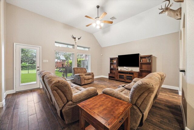 18411 S Raven Shore Dr, Cypress, TX 77433 - living room with lofted ceiling, ceiling fan, and dark wood-style floors