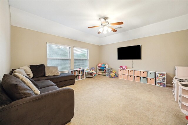 18411 S Raven Shore Dr, Cypress, TX 77433 - living area featuring carpet floors and ceiling fan
