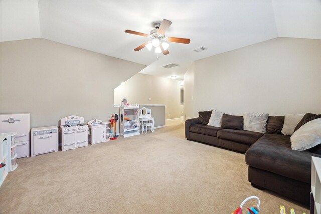 18411 S Raven Shore Dr, Cypress, TX 77433 - carpeted living room featuring vaulted ceiling and ceiling fan