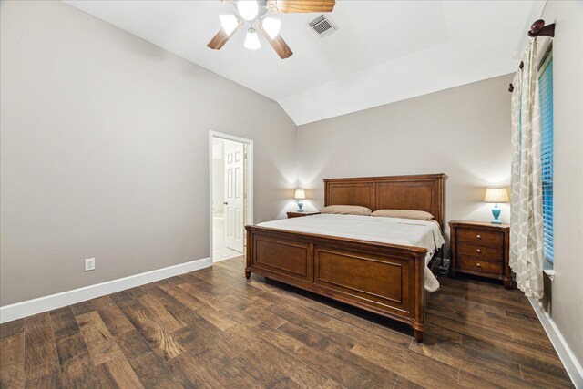 18411 S Raven Shore Dr, Cypress, TX 77433 - bedroom featuring vaulted ceiling, dark wood-type flooring, ceiling fan, and ensuite bathroom