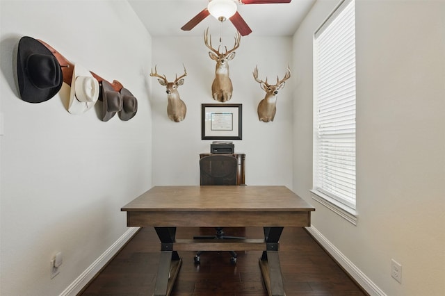 2114 Holly Manor Ct, Katy, TX 77493 - office featuring a ceiling fan, hardwood / wood-style floors, and baseboards