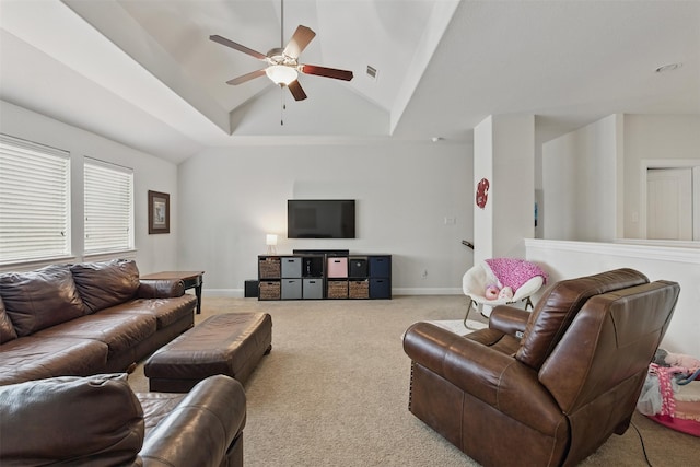 2114 Holly Manor Ct, Katy, TX 77493 - carpeted living room featuring ceiling fan, vaulted ceiling, and baseboards