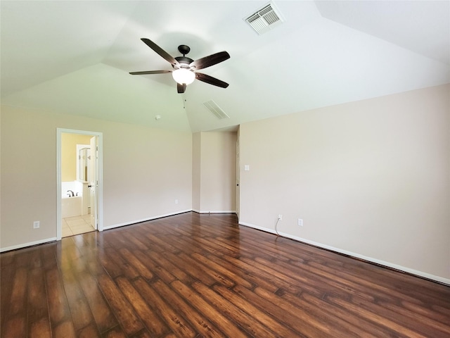 21123 Amber Crossing Dr, Richmond, TX 77406 - empty room with lofted ceiling, a ceiling fan, wood finished floors, and baseboards