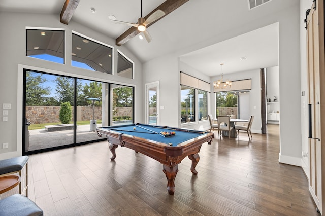 27927 Indigo Ridge Dr, Fulshear, TX 77441 - game room featuring beamed ceiling, wood finished floors, a chandelier, pool table, and a ceiling fan