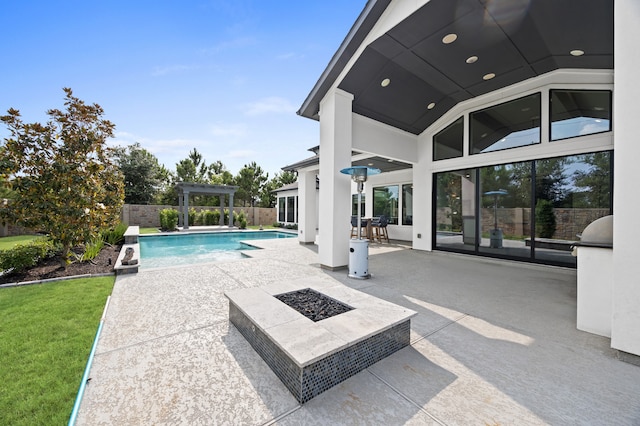 27927 Indigo Ridge Dr, Fulshear, TX 77441 - view of pool featuring an outdoor fire pit, a patio area, and a pergola