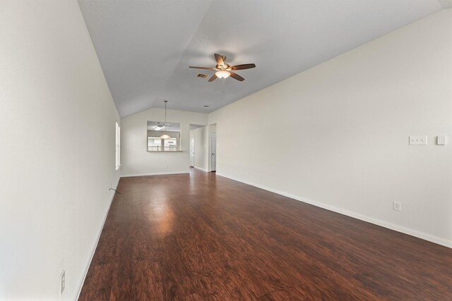 2611 Verano Dr, Richmond, TX 77406 - unfurnished room with a ceiling fan, lofted ceiling, dark wood-style flooring, and baseboards