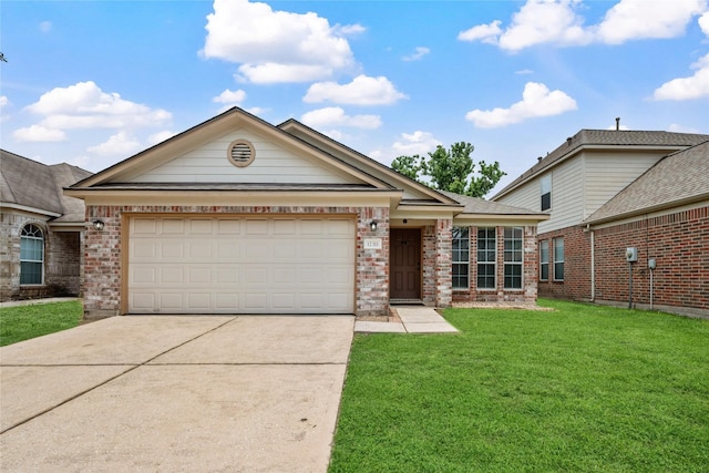 12311 Carriage Oak Cir, Humble, TX 77346 - view of front of home featuring brick siding, driveway, a front lawn, and an attached garage