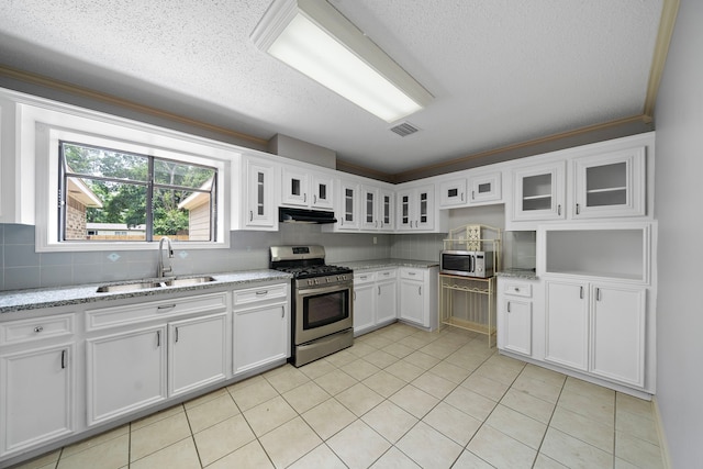 22307 Saddlewood Dr, Katy, TX 77449 - kitchen with appliances with stainless steel finishes, a sink, under cabinet range hood, white cabinetry, and glass insert cabinets