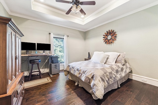 27521 Velvet Sky Way, Spring, TX 77386 - bedroom featuring dark wood-style floors, a raised ceiling, crown molding, ceiling fan, and baseboards