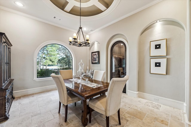27521 Velvet Sky Way, Spring, TX 77386 - dining space featuring stone tile flooring, crown molding, recessed lighting, a chandelier, and a tray ceiling