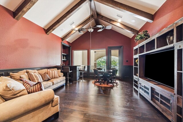 27521 Velvet Sky Way, Spring, TX 77386 - living room featuring beam ceiling, a wainscoted wall, built in shelves, ceiling fan, and hardwood / wood-style flooring