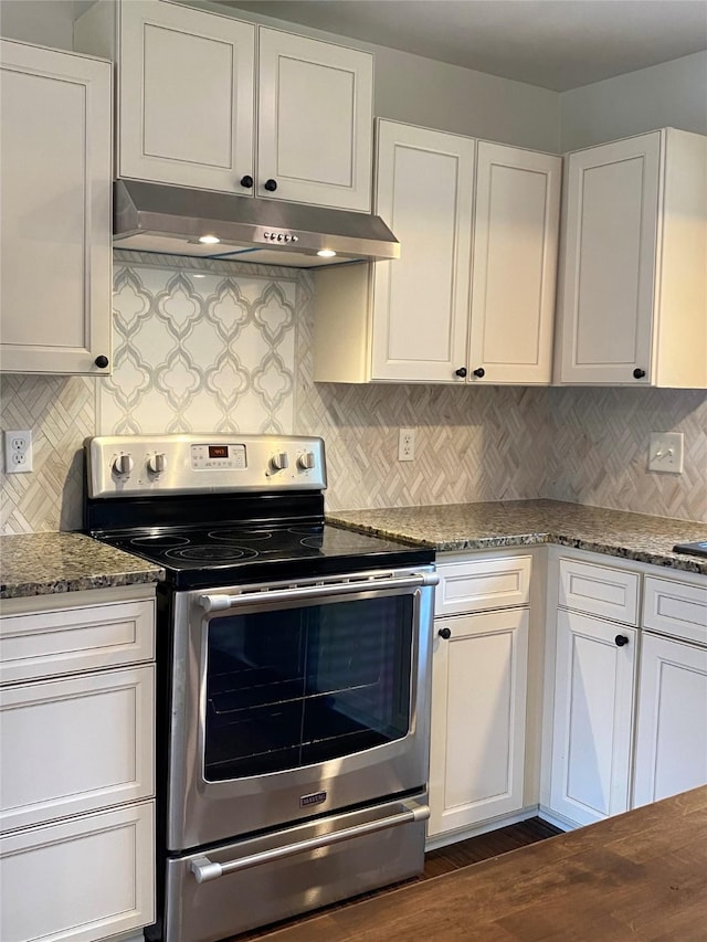 3211 Park Garden Dr, Houston, TX 77339 - kitchen featuring stainless steel range with electric stovetop, under cabinet range hood, decorative backsplash, stone countertops, and white cabinetry