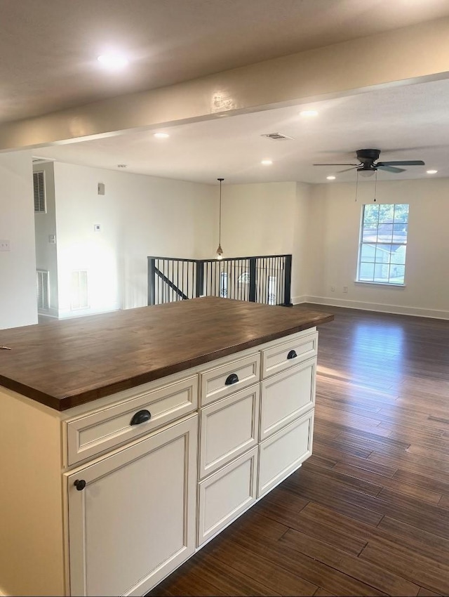 3211 Park Garden Dr, Houston, TX 77339 - kitchen featuring butcher block counters, ceiling fan, dark wood-style floors, white cabinets, and recessed lighting