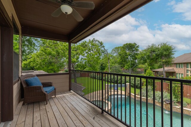 7 Fort Graham Ct, Missouri City, TX 77459 - wooden deck with ceiling fan, a fenced backyard, and view of scattered trees