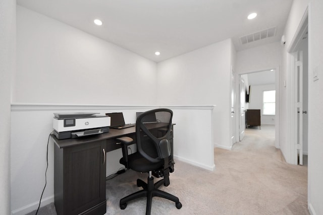 4214 Balboa Dr, Iowa Colony, TX 77583 - home office featuring baseboards, light carpet, and recessed lighting