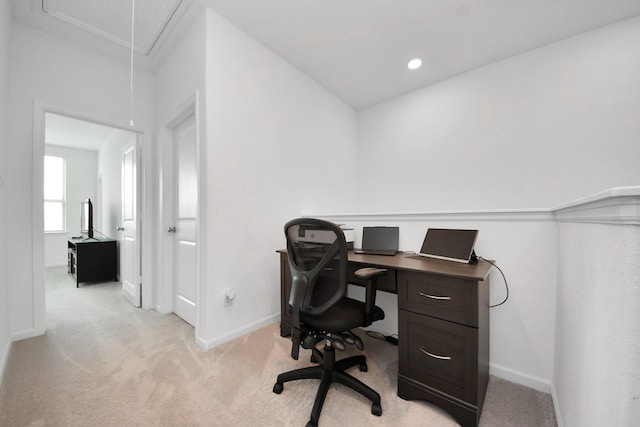 4214 Balboa Dr, Iowa Colony, TX 77583 - office with attic access, baseboards, light colored carpet, and recessed lighting