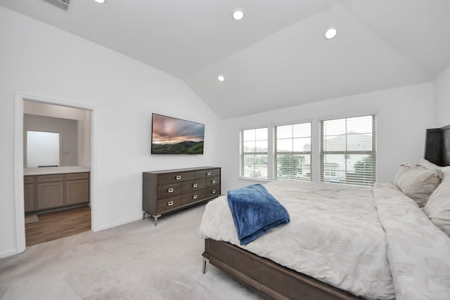 4214 Balboa Dr, Iowa Colony, TX 77583 - bedroom featuring vaulted ceiling, light carpet, recessed lighting, baseboards, and ensuite bathroom