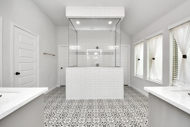 1311 Hudgins Pass, Richmond, TX 77469 - full bath featuring vanity, baseboards, a walk in shower, recessed lighting, and lofted ceiling