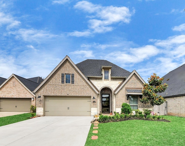 1311 Hudgins Pass, Richmond, TX 77469 - french provincial home featuring brick siding, concrete driveway, a front lawn, a garage, and roof with shingles