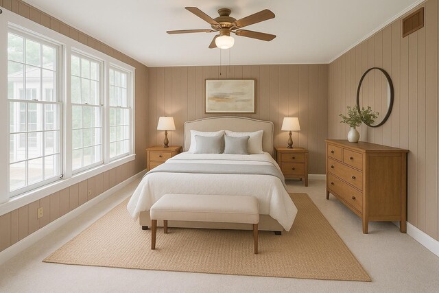 1514 Laurel St, La Marque, TX 77568 - bedroom featuring light carpet, baseboards, ornamental molding, and a ceiling fan