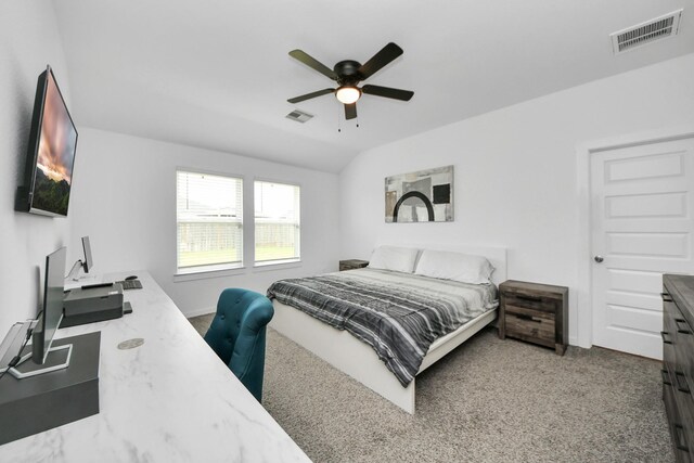 31811 Whittis Hill Way, Fulshear, TX 77441 - bedroom with a desk, a ceiling fan, carpet floors, vaulted ceiling, and baseboards