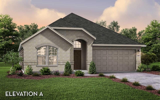 1726 Navigation Ln, Angleton, TX 77515 - view of front of home with brick siding, driveway, a garage, a yard, and roof with shingles