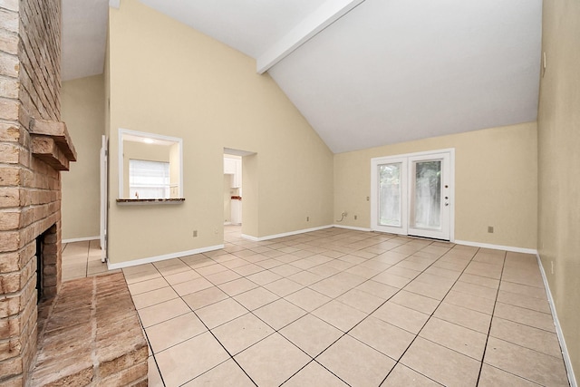 210 Squires Bnd, Stafford, TX 77477 - unfurnished living room with a brick fireplace, light tile patterned floors, beamed ceiling, high vaulted ceiling, and plenty of natural light