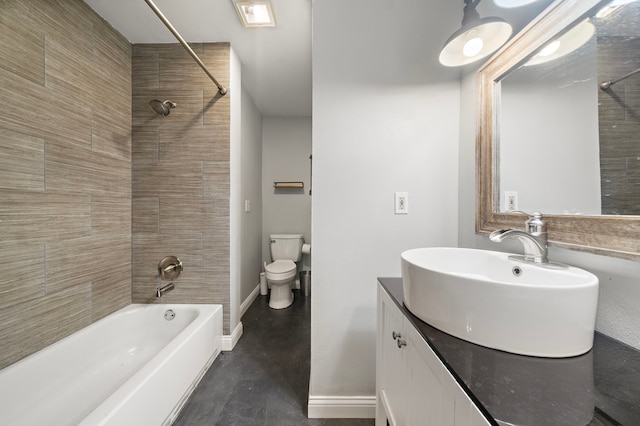 424 Hankamer Loop, Hankamer, TX 77560 - bathroom with  shower combination, vanity, toilet, and baseboards