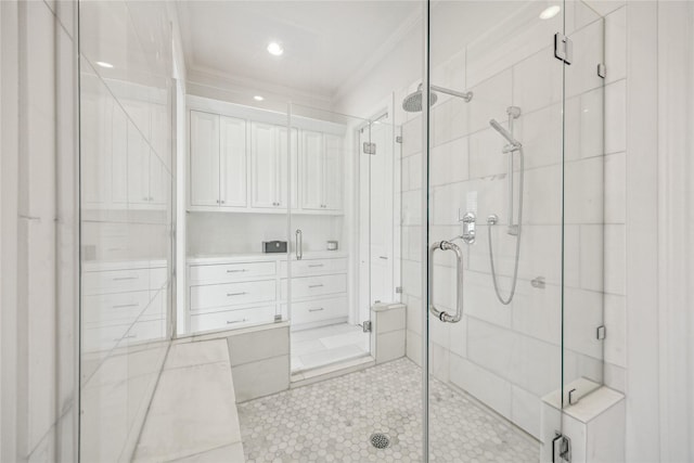 7506 Little Caprese Ln, Houston, TX 77055 - bathroom featuring a stall shower, ornamental molding, tile patterned floors, and recessed lighting