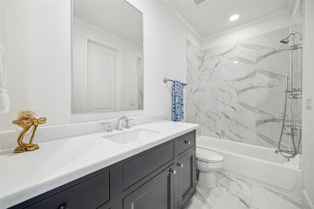 7506 Little Caprese Ln, Houston, TX 77055 - full bath featuring vanity, toilet, shower / bath combination, crown molding, and marble finish floors