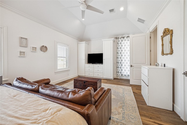 7506 Little Caprese Ln, Houston, TX 77055 - living area with a ceiling fan, lofted ceiling, wood finished floors, and ornamental molding