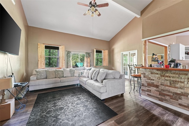560 Donahoe Rd, Coldspring, TX 77331 - living area with dark wood-type flooring, a ceiling fan, high vaulted ceiling, and beam ceiling