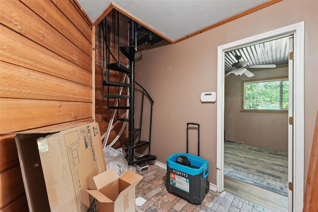560 Donahoe Rd, Coldspring, TX 77331 - staircase featuring baseboards and ceiling fan