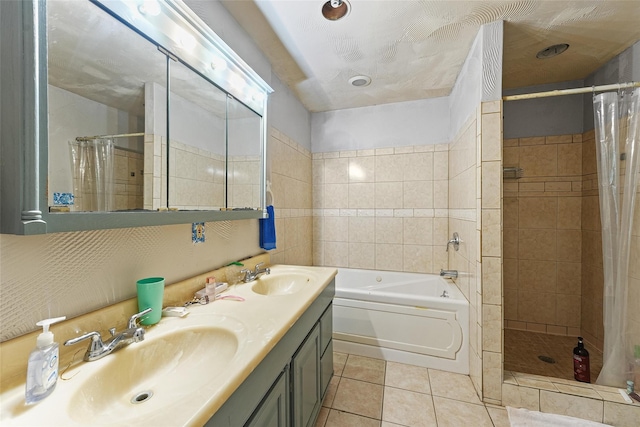 560 Donahoe Rd, Coldspring, TX 77331 - full bath with tile patterned flooring, a bath, tiled shower, and double vanity