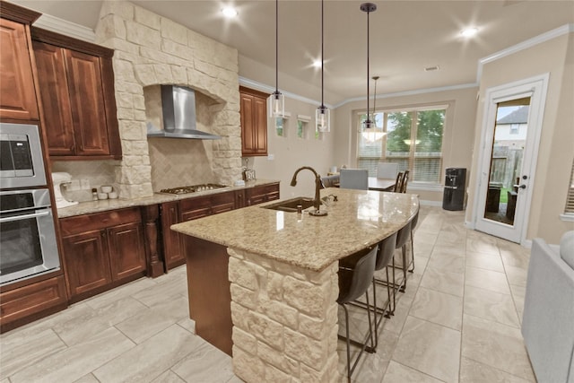31428 Longwood Park Ln, Spring, TX 77386 - kitchen featuring a sink, wall chimney exhaust hood, stainless steel appliances, crown molding, and tasteful backsplash