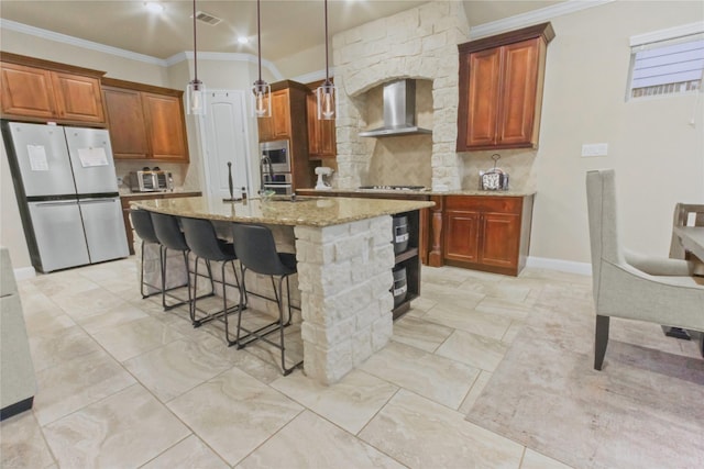 31428 Longwood Park Ln, Spring, TX 77386 - kitchen featuring stainless steel appliances, wall chimney range hood, ornamental molding, tasteful backsplash, and light stone counters