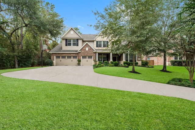 3 Forest Steppes Ct, The Woodlands, TX 77382 - craftsman-style house featuring a garage, concrete driveway, a front yard, and brick siding