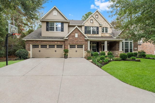 3 Forest Steppes Ct, The Woodlands, TX 77382 - view of front facade with a front lawn, an attached garage, concrete driveway, roof with shingles, and brick siding