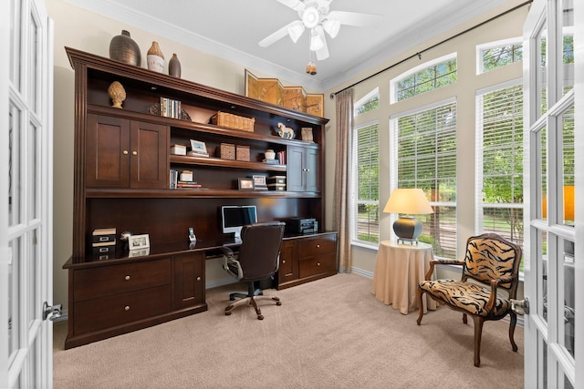 3 Forest Steppes Ct, The Woodlands, TX 77382 - office featuring ornamental molding, a ceiling fan, light colored carpet, and built in desk
