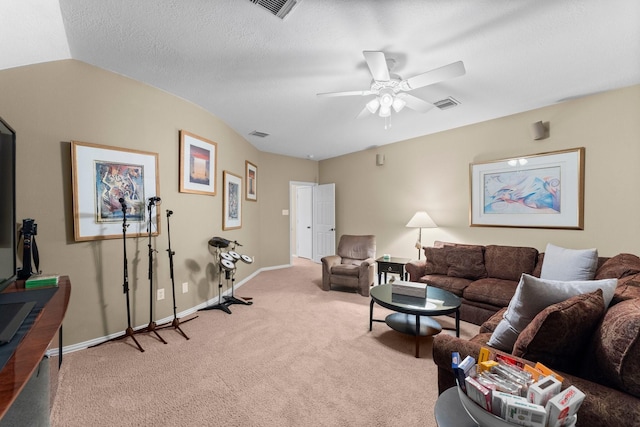 3 Forest Steppes Ct, The Woodlands, TX 77382 - carpeted living area featuring a ceiling fan, baseboards, and vaulted ceiling