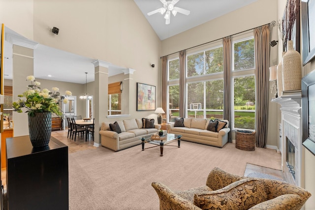 3 Forest Steppes Ct, The Woodlands, TX 77382 - living room featuring high vaulted ceiling, healthy amount of natural light, light colored carpet, and ceiling fan