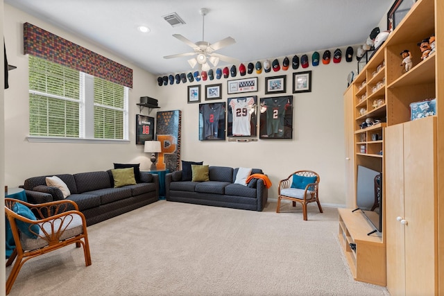 3 Forest Steppes Ct, The Woodlands, TX 77382 - carpeted living area featuring a ceiling fan, recessed lighting, and baseboards