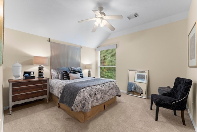 3 Forest Steppes Ct, The Woodlands, TX 77382 - bedroom featuring light carpet, vaulted ceiling, ceiling fan, and baseboards