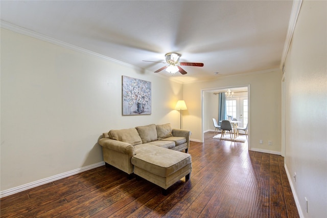 4040 San Felipe St Unit 203, Houston, TX 77027 - living area with ceiling fan, ornamental molding, dark wood-style floors, baseboards, and a chandelier