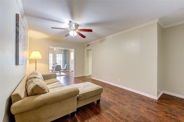 4040 San Felipe St Unit 203, Houston, TX 77027 - living area with a ceiling fan, dark wood finished floors, ornamental molding, and baseboards