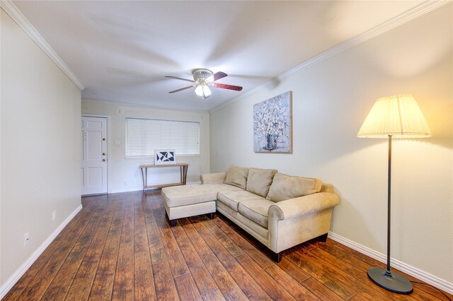 4040 San Felipe St Unit 203, Houston, TX 77027 - living room with crown molding, a ceiling fan, hardwood / wood-style floors, and baseboards